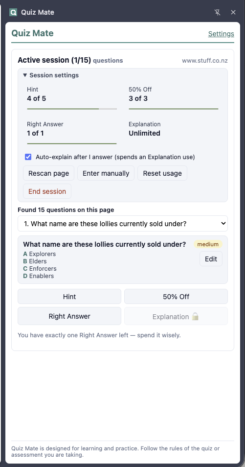 Quiz Mate side panel showing an active session with allowance counters, a 15-question picker, an extracted question with four options, and the assistance mode buttons